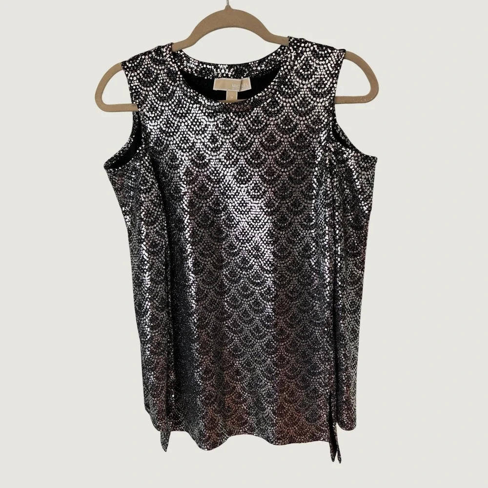 Michael Kors Womens Black Silver Metallic Cold Shoulder Scallop Tunic Top Medium